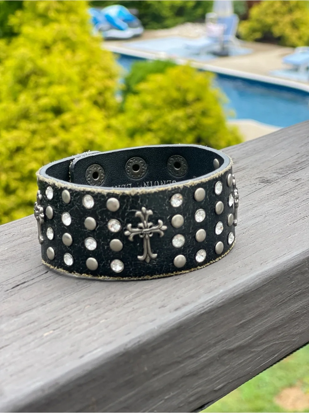 Distressed Genuine Leather Cross Studded Cuff Bracelet